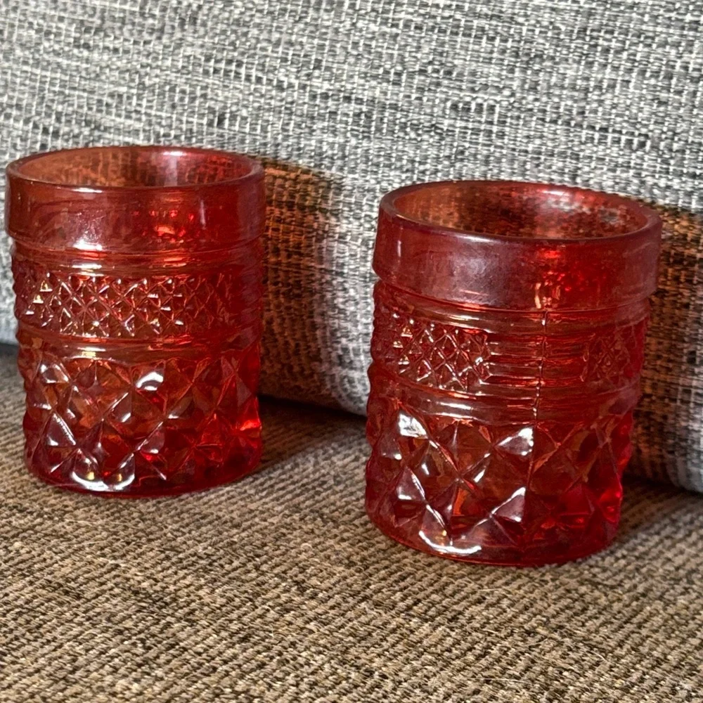 Vintage Cranberry Red Pressed Glass Toothpick Holder Set | Small Bud Vases
